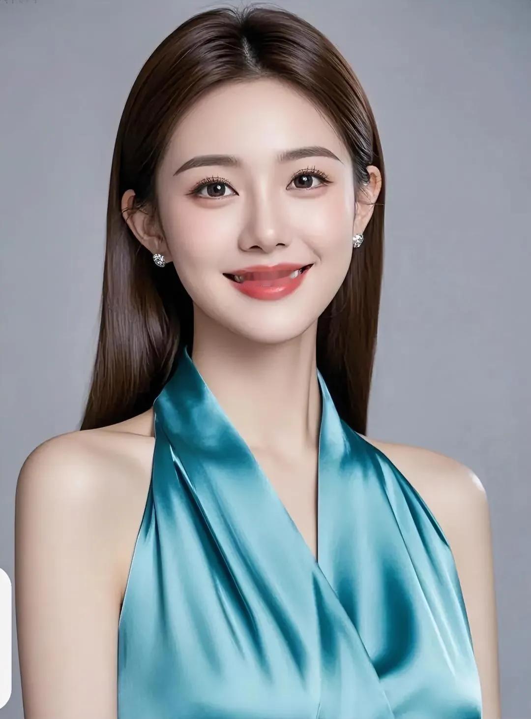 温柔优雅的蓝绿色丝质礼服，甜美笑容，闪闪发光的钻石耳环。灵动女神美若仙 绝美倩影