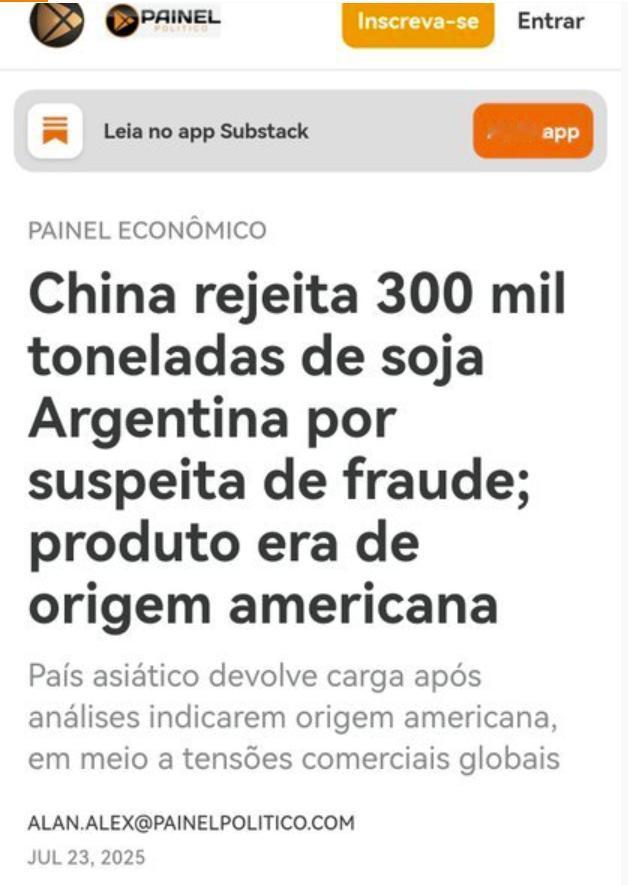 据报道，中国拒绝了从阿根廷进口的30万吨洗澡大豆，因为中国海关从这些大豆残留的农