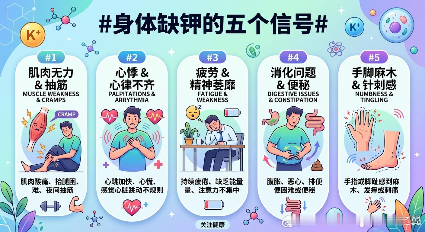 身体缺钾的五个信号 钾是维持人体神经传导、肌肉收缩及心律稳定的核心电解质。当体内