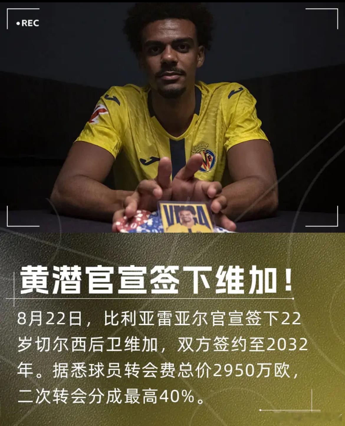 官方消息，比利亚雷亚尔签下22岁切尔西￼后卫维加，双方签约至2032年。据此前罗