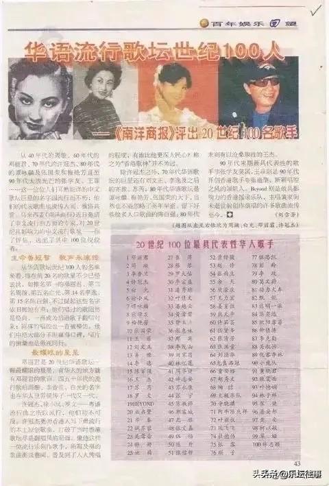 华语乐坛20世纪十大歌手：

10、张国荣：
香港乐坛的传奇巨星，全球乐迷票选音