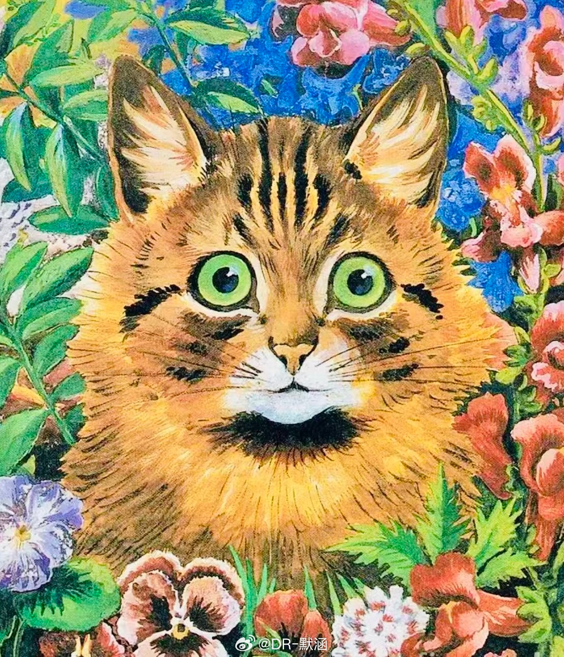 Louis Wain笔下的猫，最鲜明的特点是高度的拟人化。他让猫咪像人一样直立行