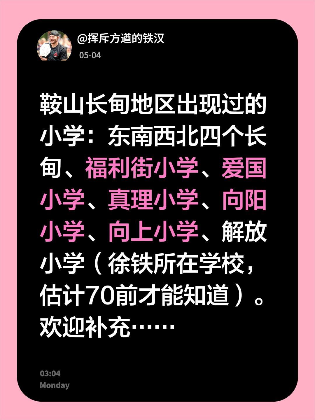 鞍山长甸地区出现过的小学：东南西北四个长甸、福利街小学、爱国小学、真理小学、向阳