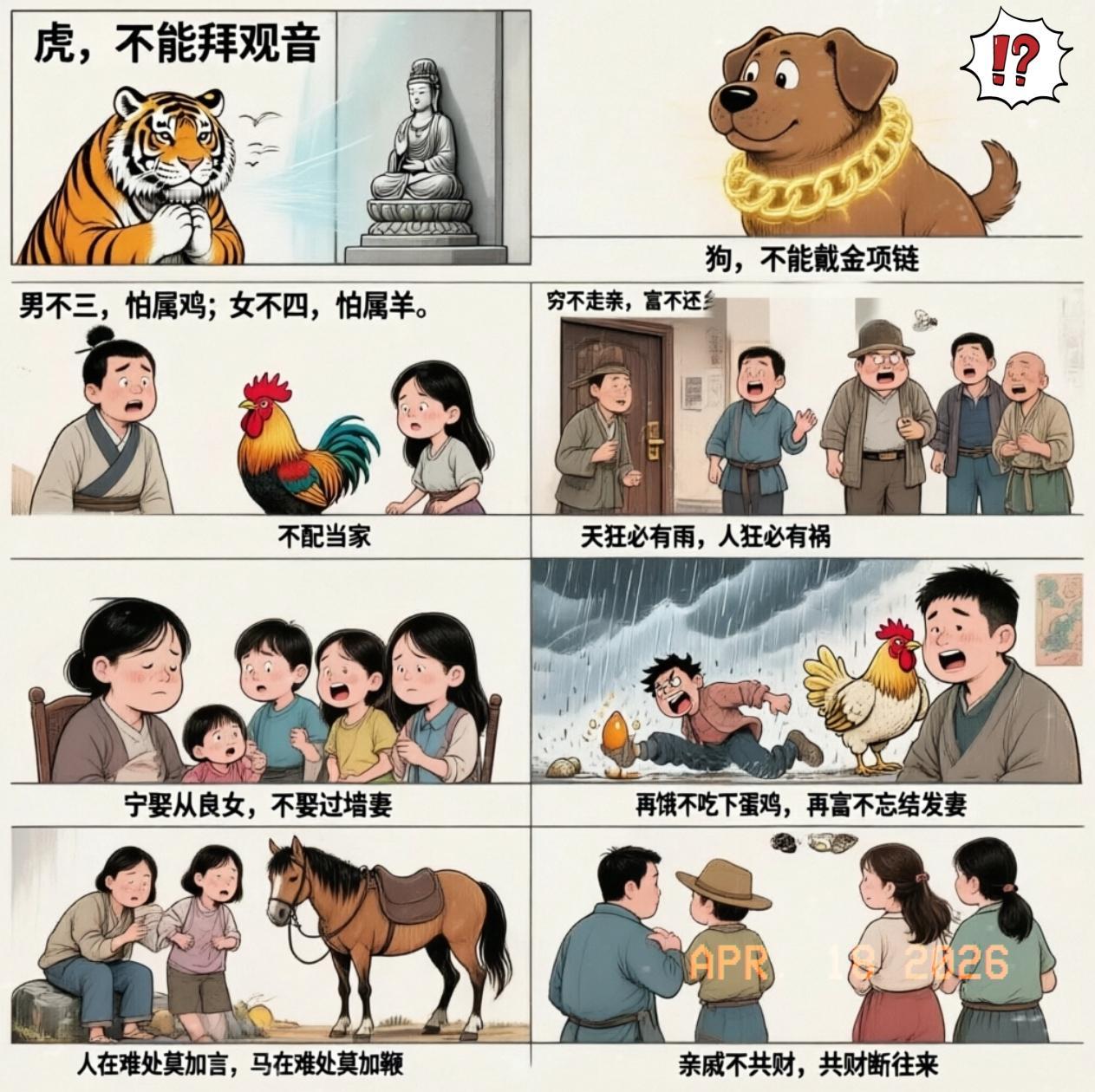 老人言，句句要记牢:

虎不拜观音，

狗不戴金链，

男女到了一定年纪有忌讳；