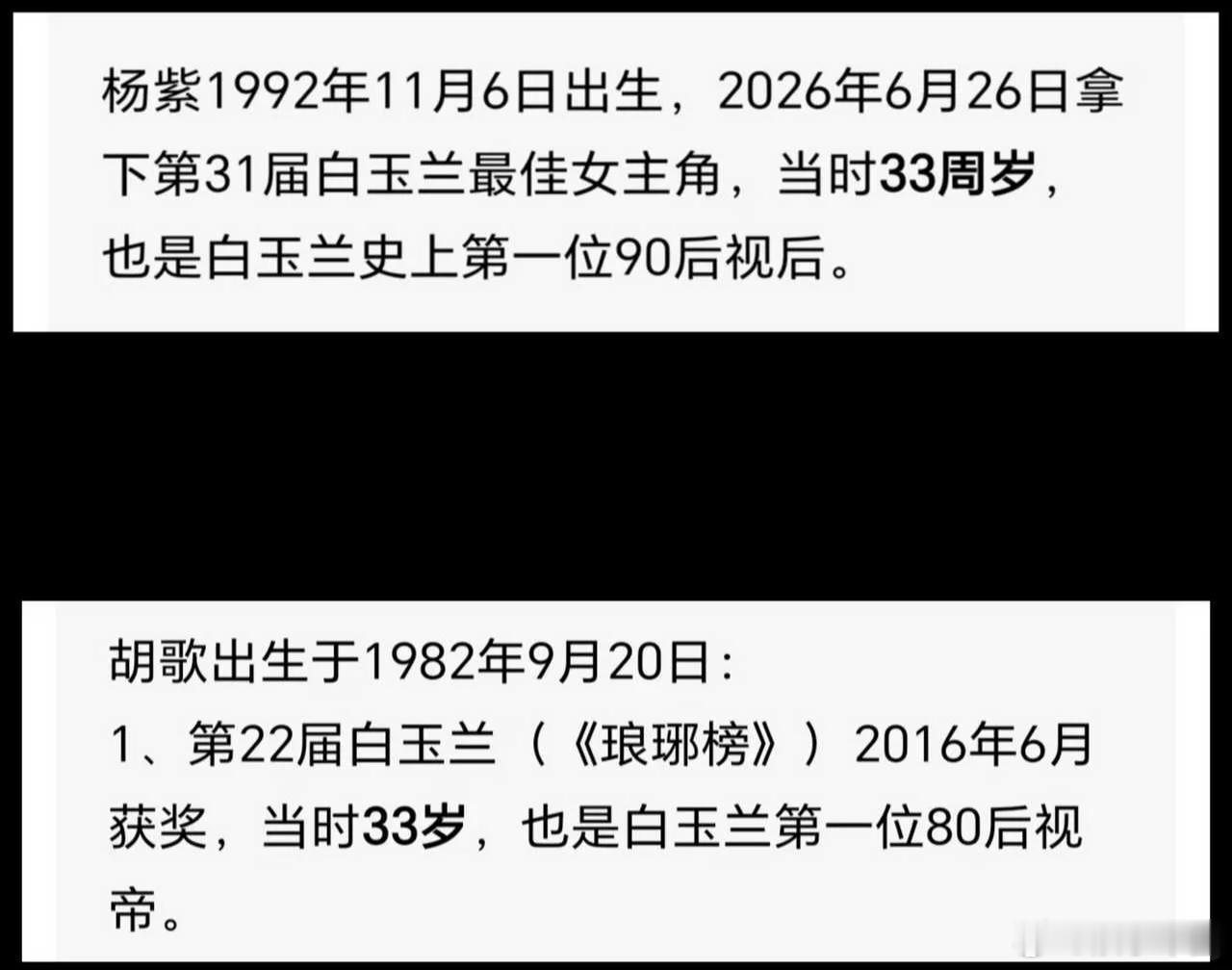 杨紫获奖是对长期主义者的激励 杨紫胡歌相差10岁，相差10年，都在33岁拿下白玉