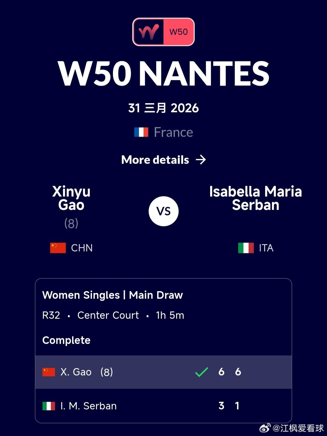 W50南特站🇫🇷女单第1轮8号种子高馨妤🇨🇳6-3/6-1战胜资格赛晋级