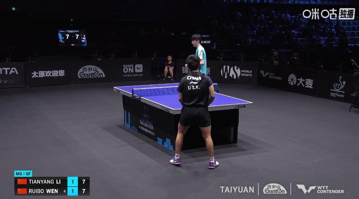 坏了，温瑞博不会要输球？
没想到李天阳这么有韧性，
他的旋转和回球质量非常高，