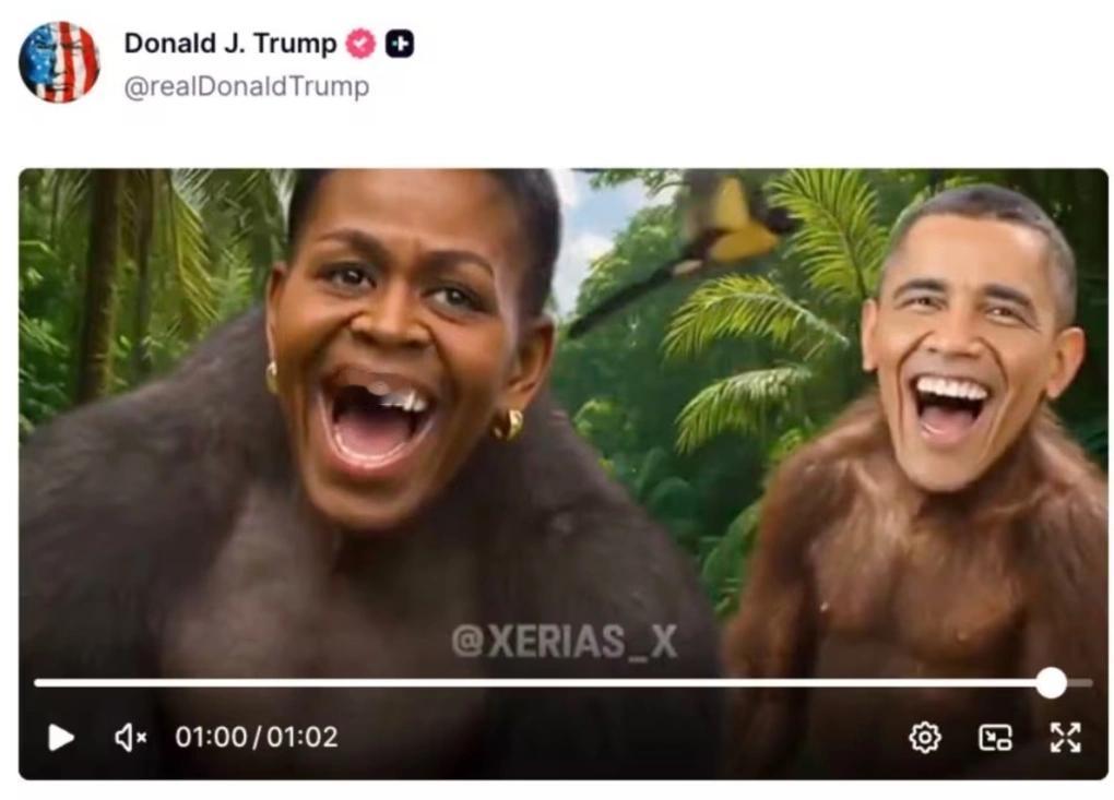 当地时间2月6日，特朗普在社交平台发布了一段污辱奥巴马夫妇的视频，将他们描绘成某