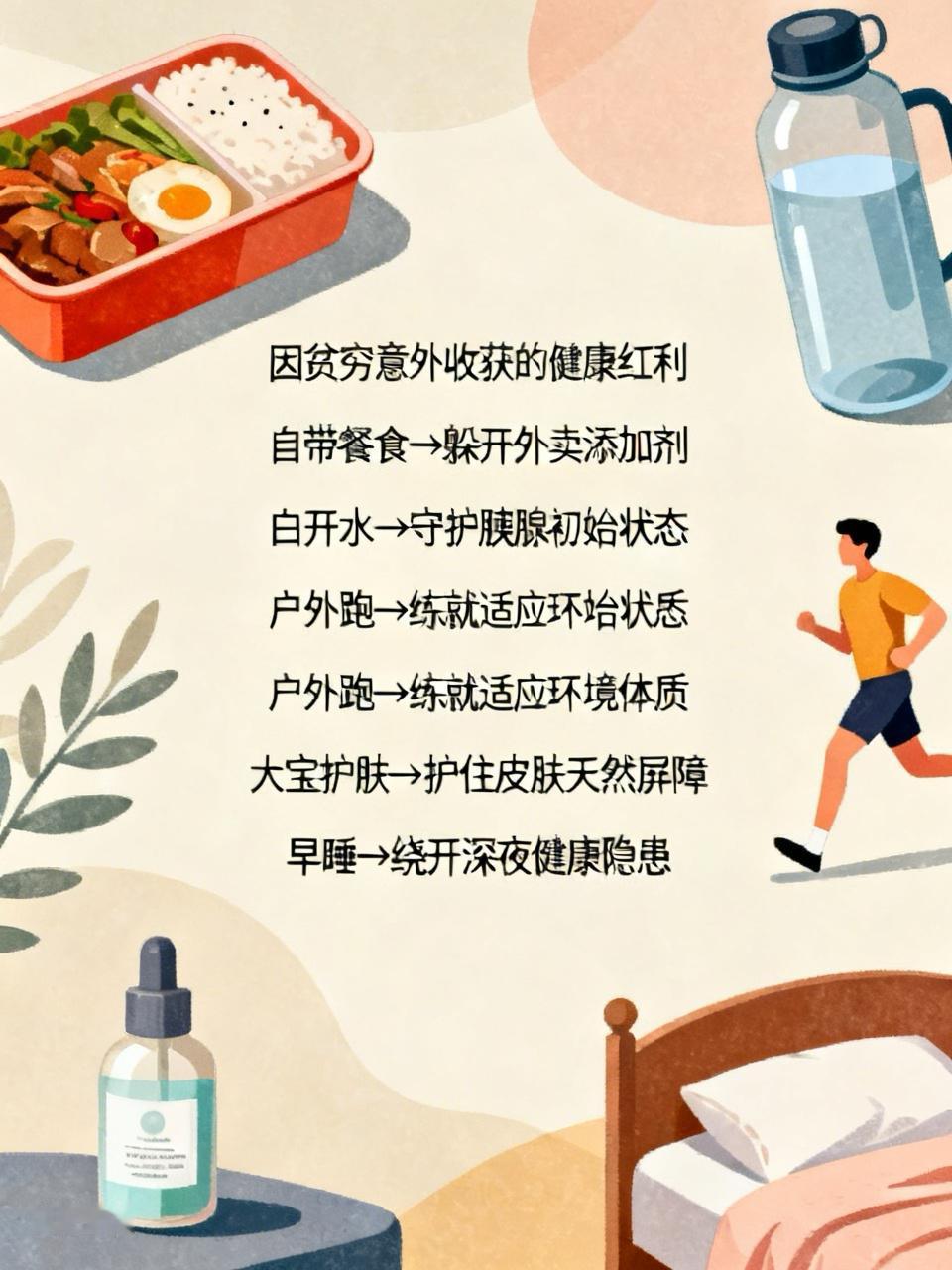 因贫穷意外收获的健康红利：
1.买不起外卖，自带餐食，躲开外卖添加剂的陷阱
2.