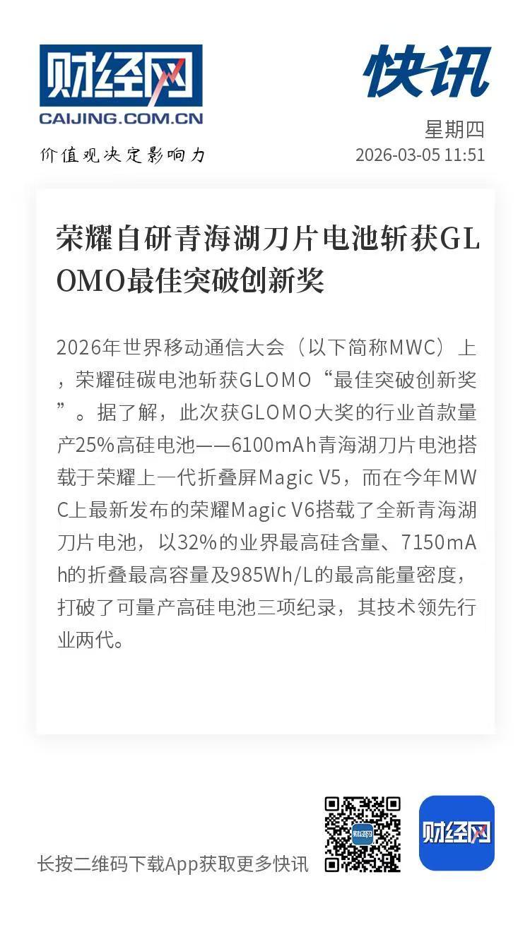 荣耀这次真的杀疯了。MWC上青海湖刀片电池拿下GLOMO最佳突破创新奖，直接把友