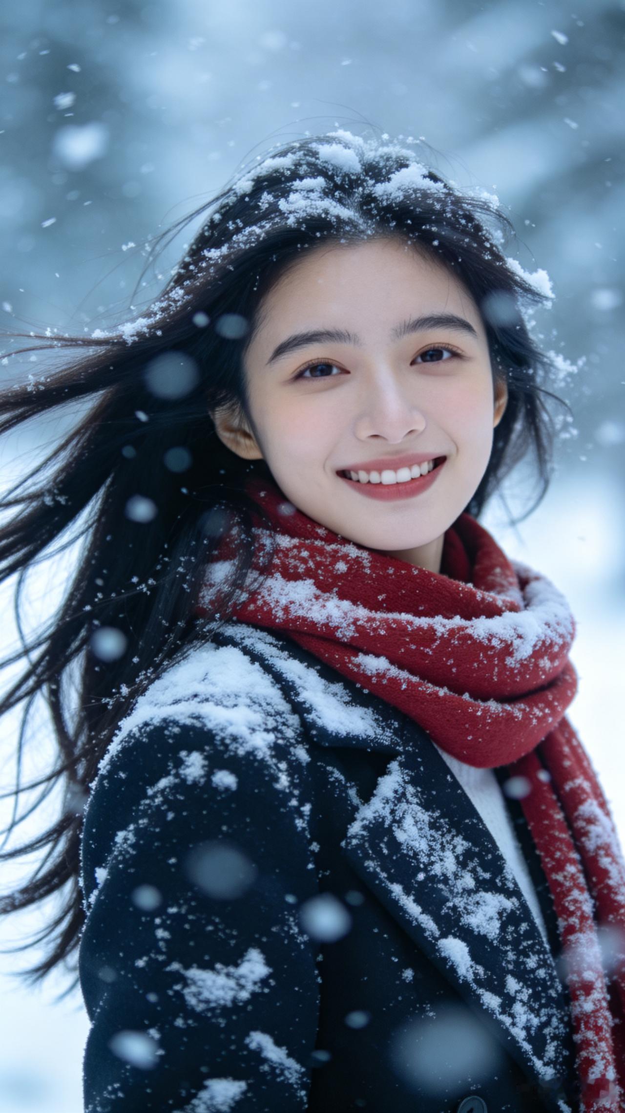 冬雪红巾
琼花纷舞落尘间，
红巾飘拂舞风前。
青丝轻点银霜色，
素袖微凝玉屑寒。