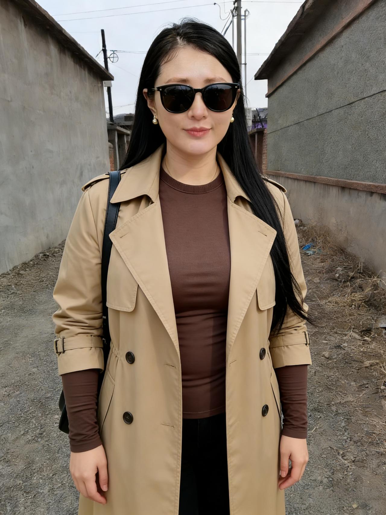 野径霜痕浅，寒空日色微。
衣轻沾草屑，影细落柴扉。
墨镜遮清靥，金摇动素辉。
行