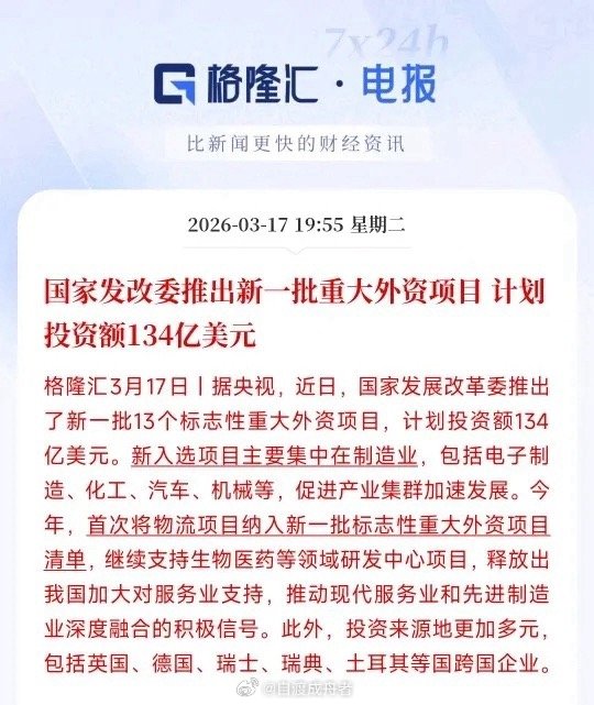 今晚重磅落地！发改委134亿美元制造业重大项目官宣，真金白银砸向实体，A股反弹窗