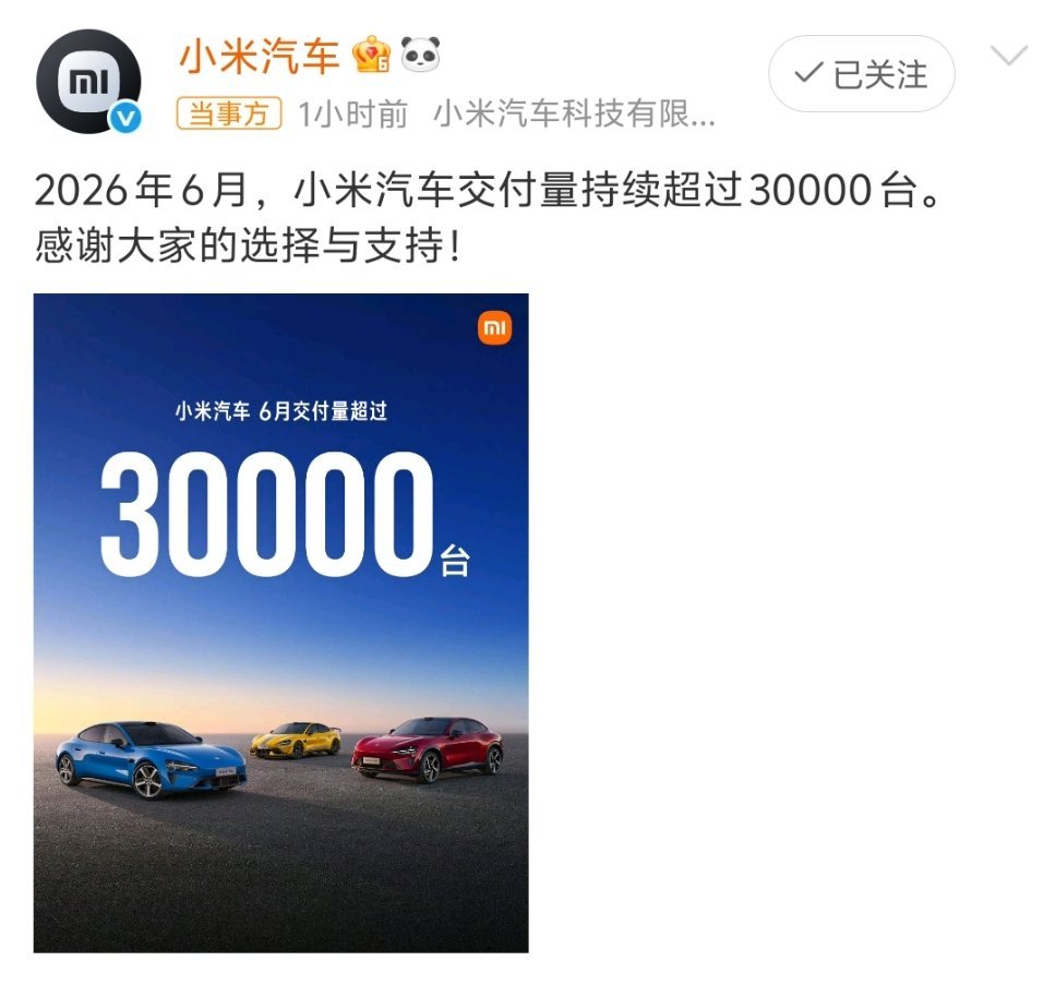小米汽车6月交付超30000台一如既往的稳定连续好几个月交付3万台了，这属于什么
