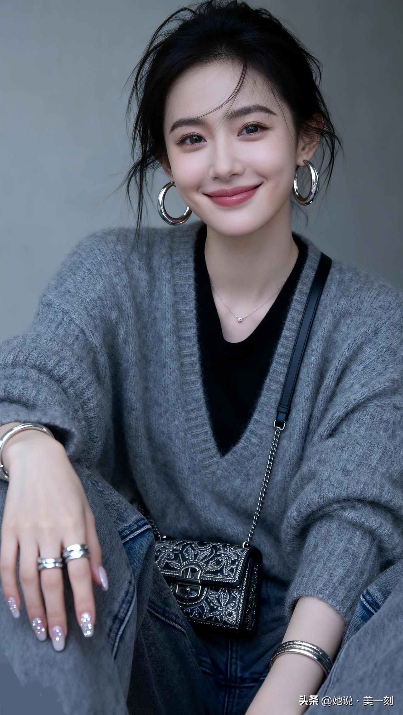 温柔甜美的穿搭，大圆环耳环和精致手链点缀，时尚又优雅。优雅自信穿搭分享