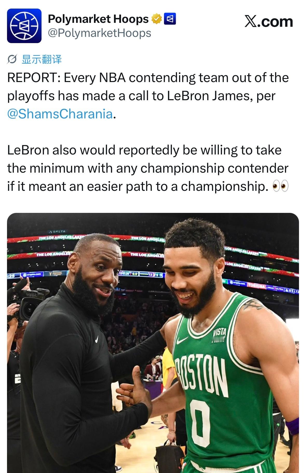 Shams：所有在季后赛中出局的NBA争冠球队，都已经向詹姆斯致电表达了兴趣。另