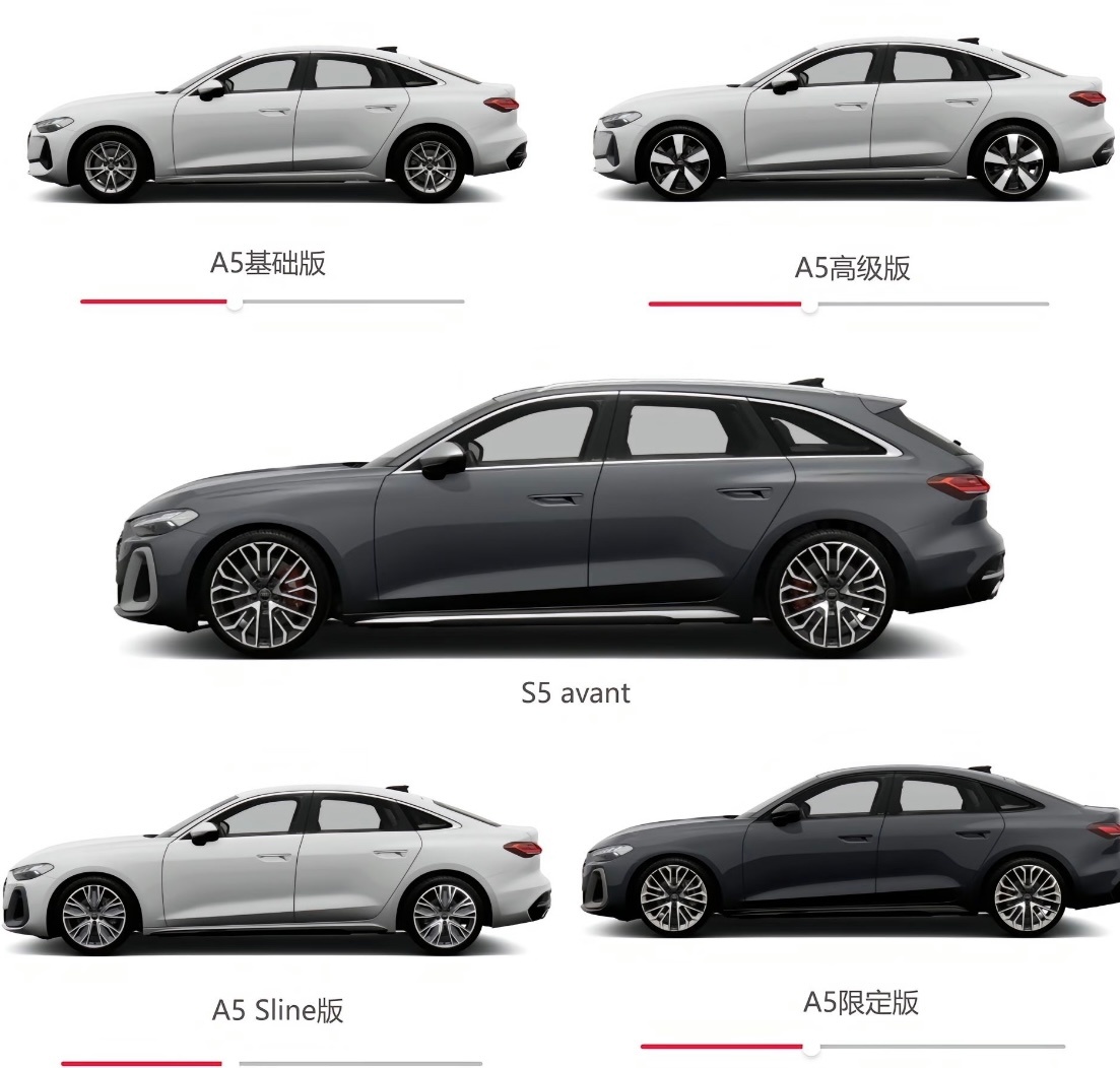 全新A5外观图例原厂提供S-Line和标准套装两种风格组件，包括8中轮辋造型，两