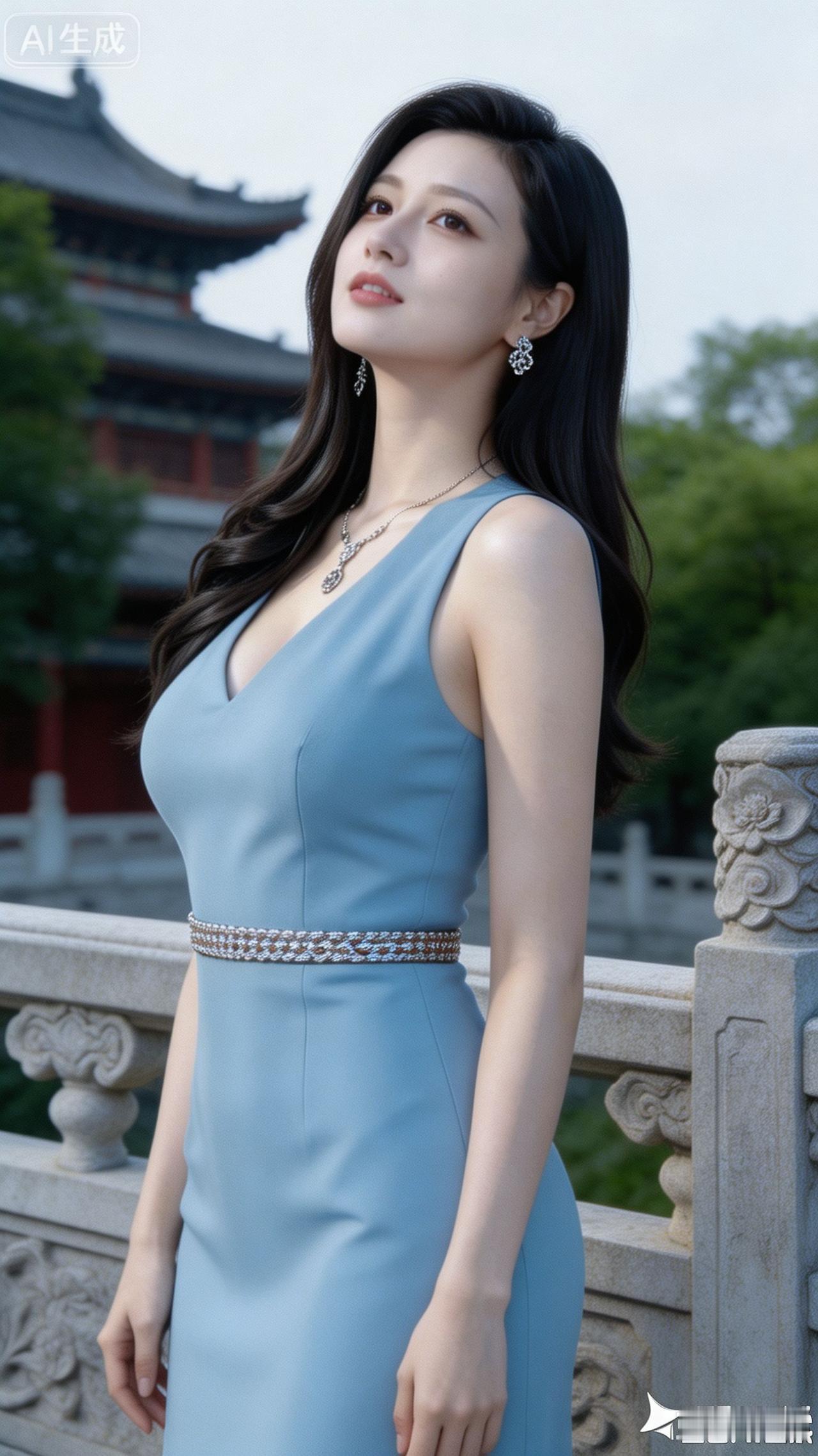 这位女士穿着蓝色连衣裙，站在桥上。