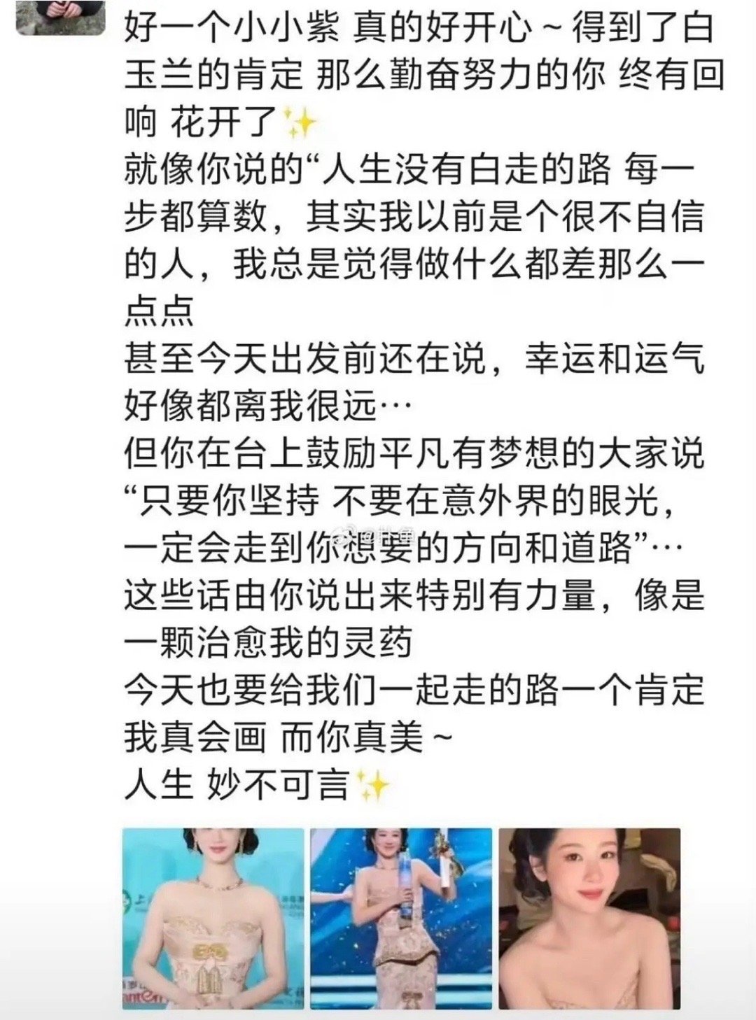 杨紫化妆师说杨紫出发白玉兰前，不知道会获奖。其实我能看出来他们不知道，那个董勇老