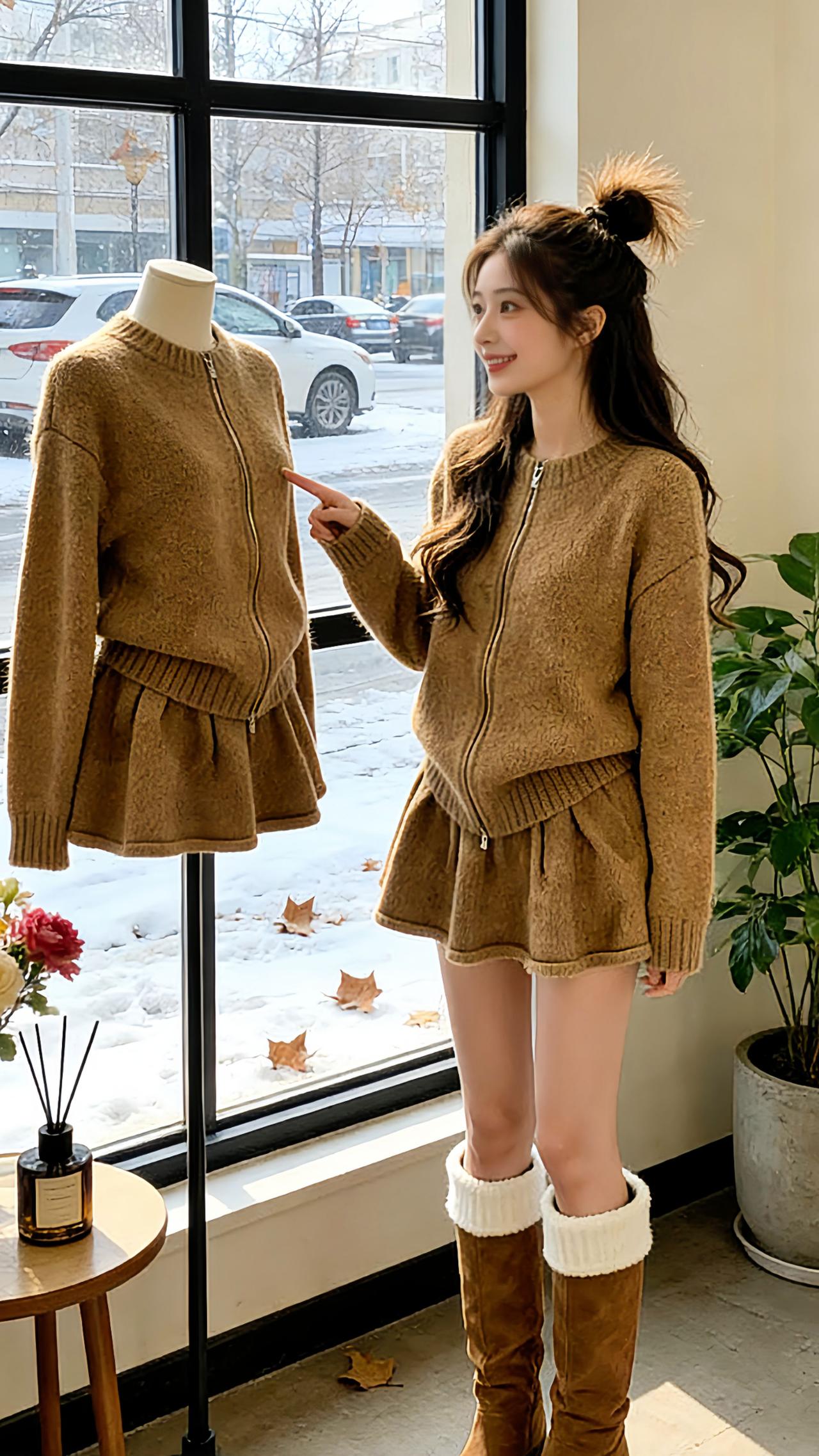 Danny梳着蓬松半扎丸子头，身着焦糖色开衫毛衣短裙套装站在冬日窗边，拉链设计简