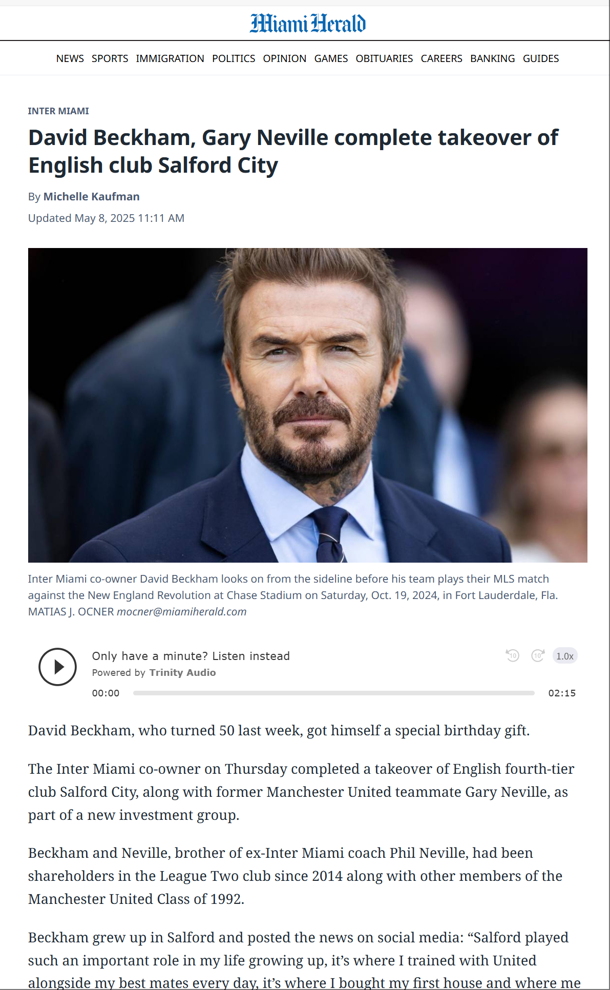迈阿密先驱报：贝克汉姆和加里·内维尔完全对英格兰俱乐部索尔福德城的收购！[思考]
