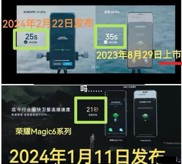 卫星通信哪家强？
小米和华为比：25秒对35秒
荣耀和华为比：21秒对35秒
可