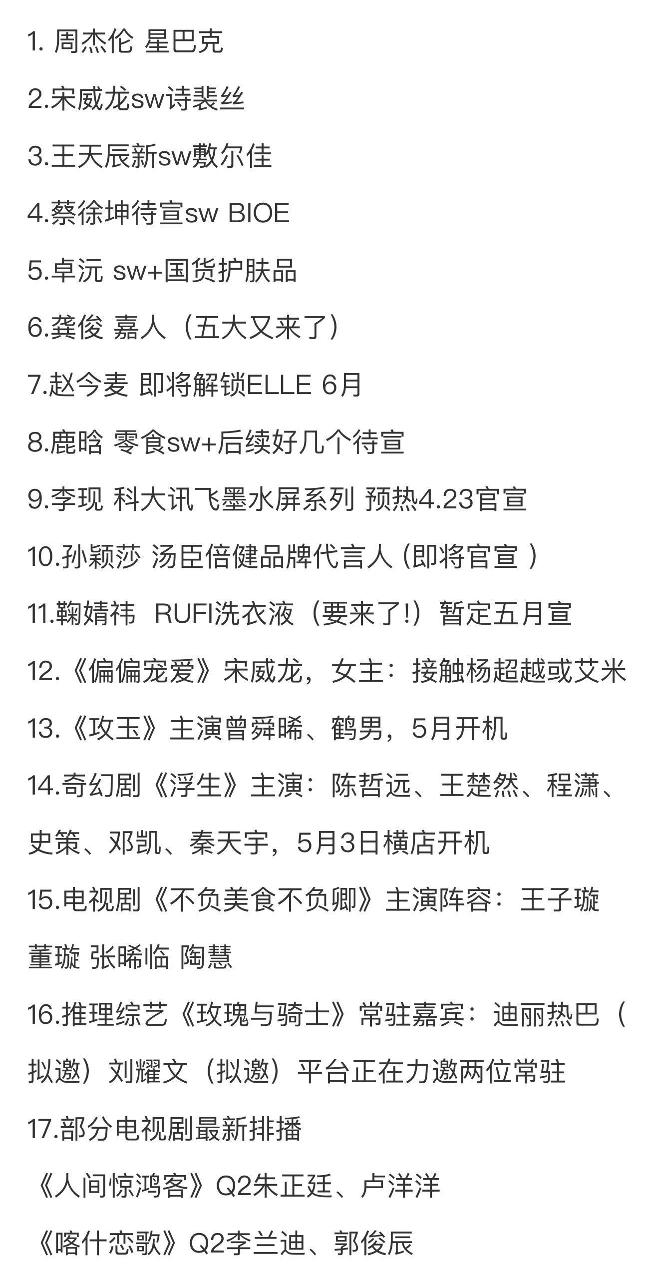 4.20圈内小🍉1. 周杰伦 星巴克2.宋威龙sw诗裴丝3.王天辰新sw敷尔佳
