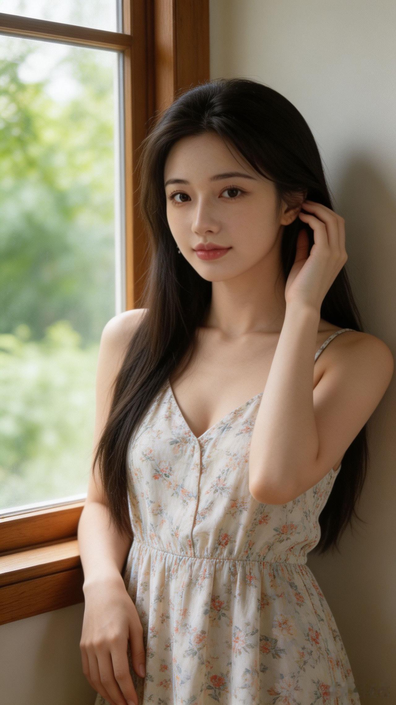 一个长发女孩靠窗微笑。