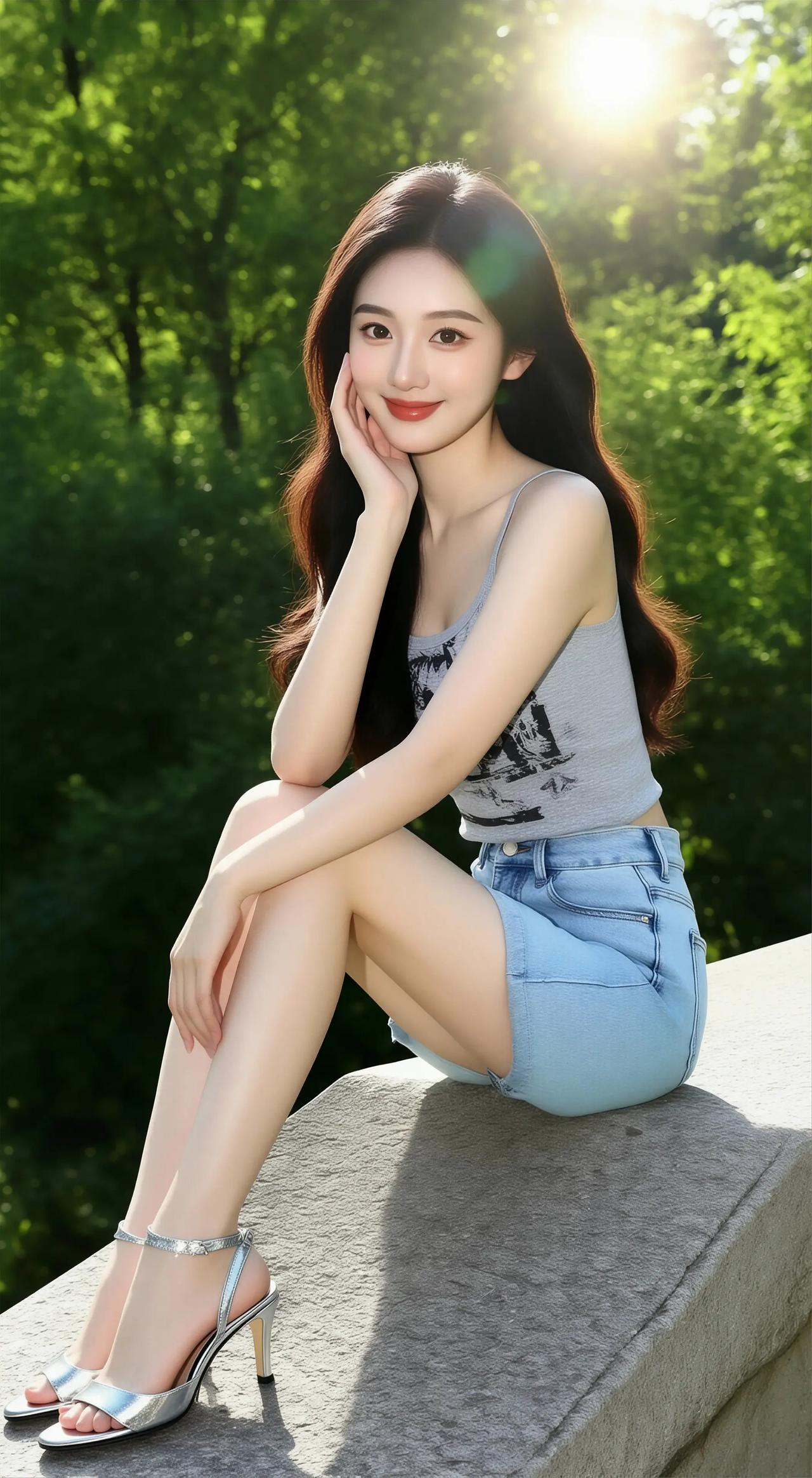 阳光明媚，她坐在台阶上微笑。美女