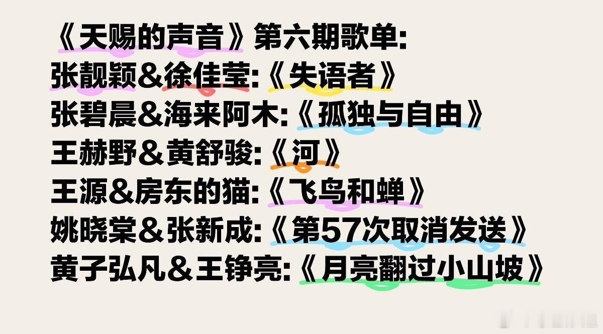 《天赐的声音》第六期歌单:张靓颖&徐佳莹:《失语者￼》张碧晨&海来阿木:《孤独与