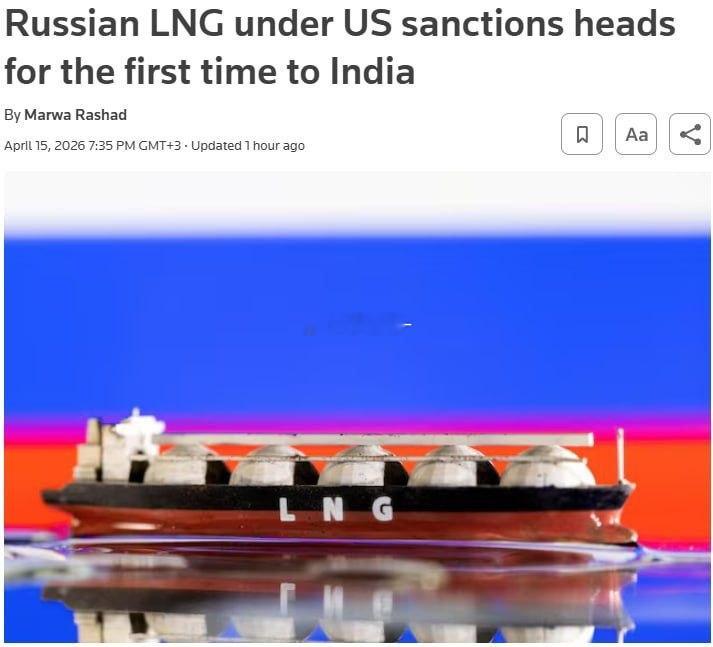 据路透社报道，印度开始无视美国制裁购买俄罗斯液化天然气。 