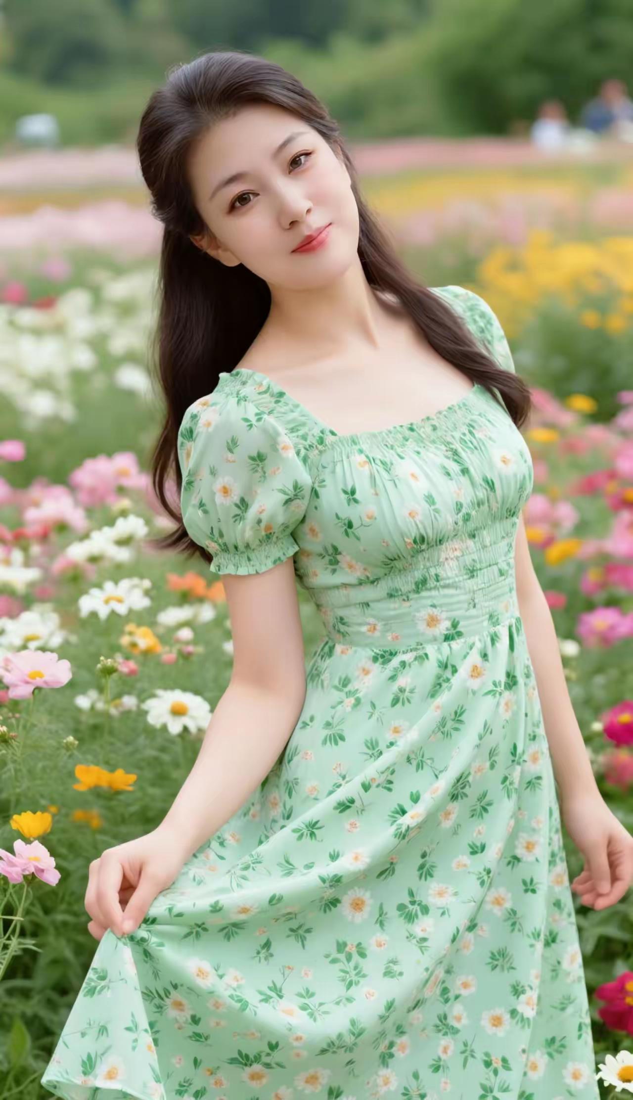 画面中的女子，宛如春日里的一抹清新绿意，温柔又治愈。
她身着一袭薄荷绿碎花连衣裙