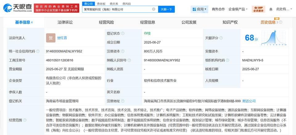 注册资本800万
天眼查App显示，近日，紫鸾智能科技（海南）有限公司成立，法定