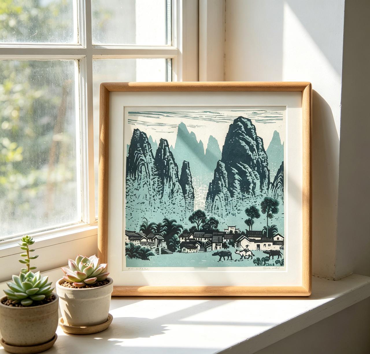 张家瑞的《兴坪人家》，水印套色木刻。

画面里的兴坪山水，是无数艺术家的灵感缪斯
