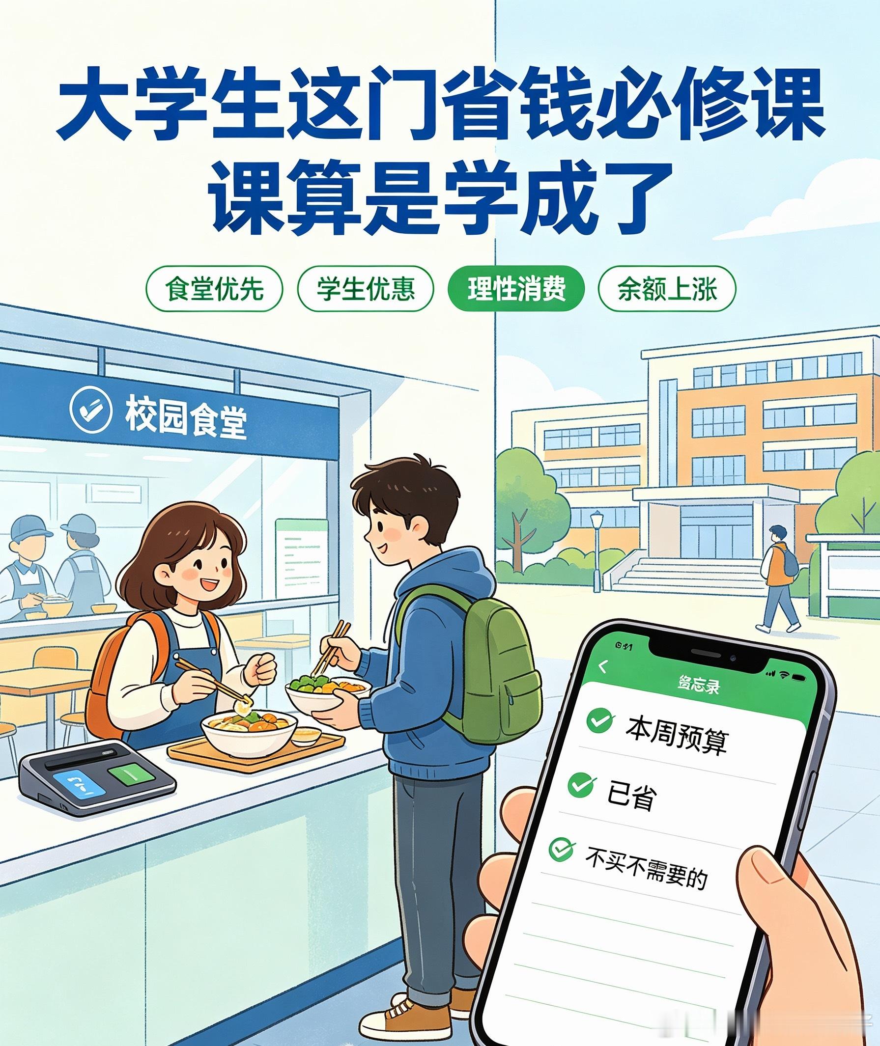 大学生这门省钱必修课算是学成了省钱不等于委屈生活，重要的东西舍得花，非必要开销果