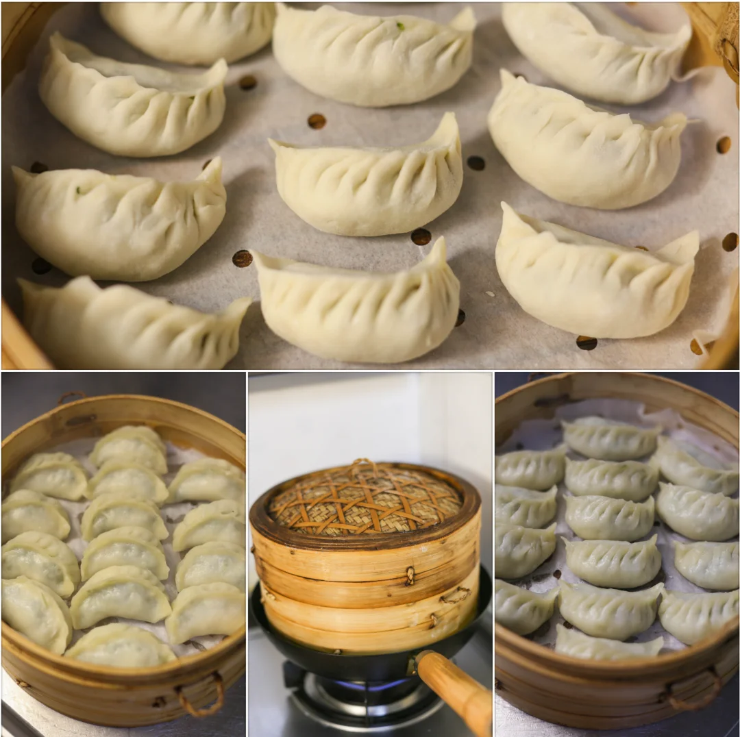 小白菜蒸饺皮很弹，馅油润清鲜，咬一口爆汁