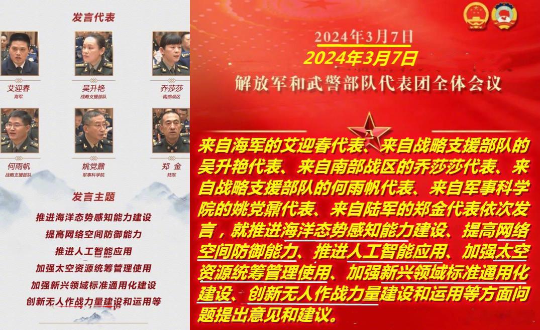 图1：2024年3月7日六位解放军代表刚刚发言建议结合新质生产力发展新质战斗力；