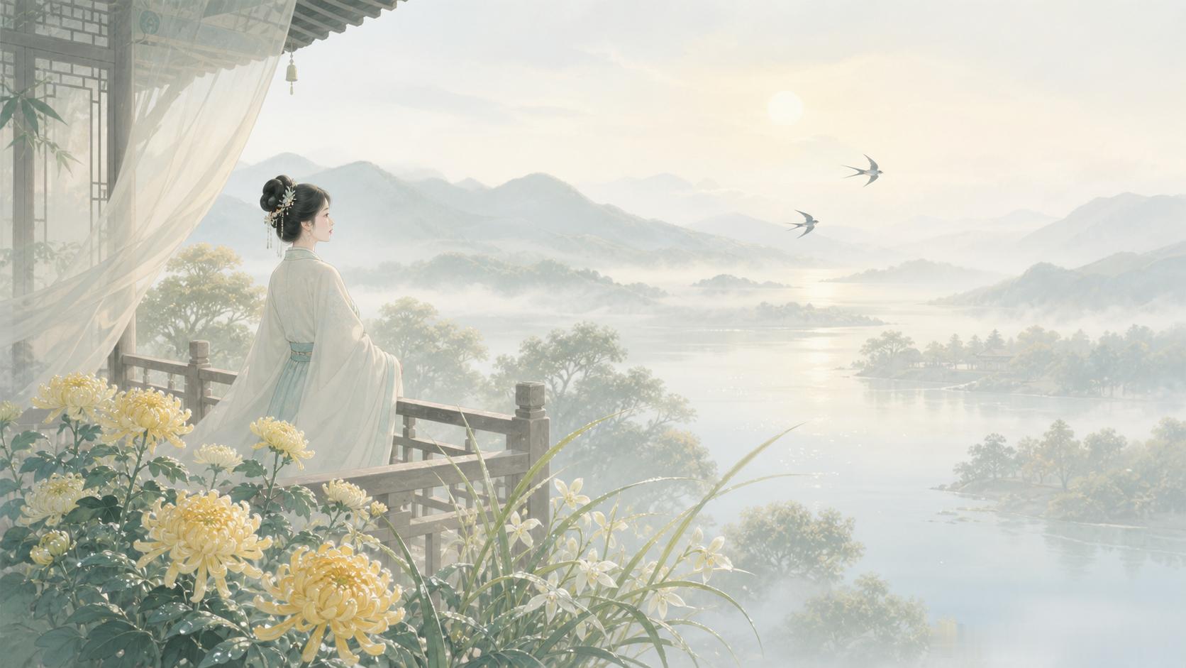 晏殊《蝶恋花·槛菊愁烟兰泣露》槛菊愁烟兰泣露，罗幕轻寒，燕子双飞去。明月不谙离恨