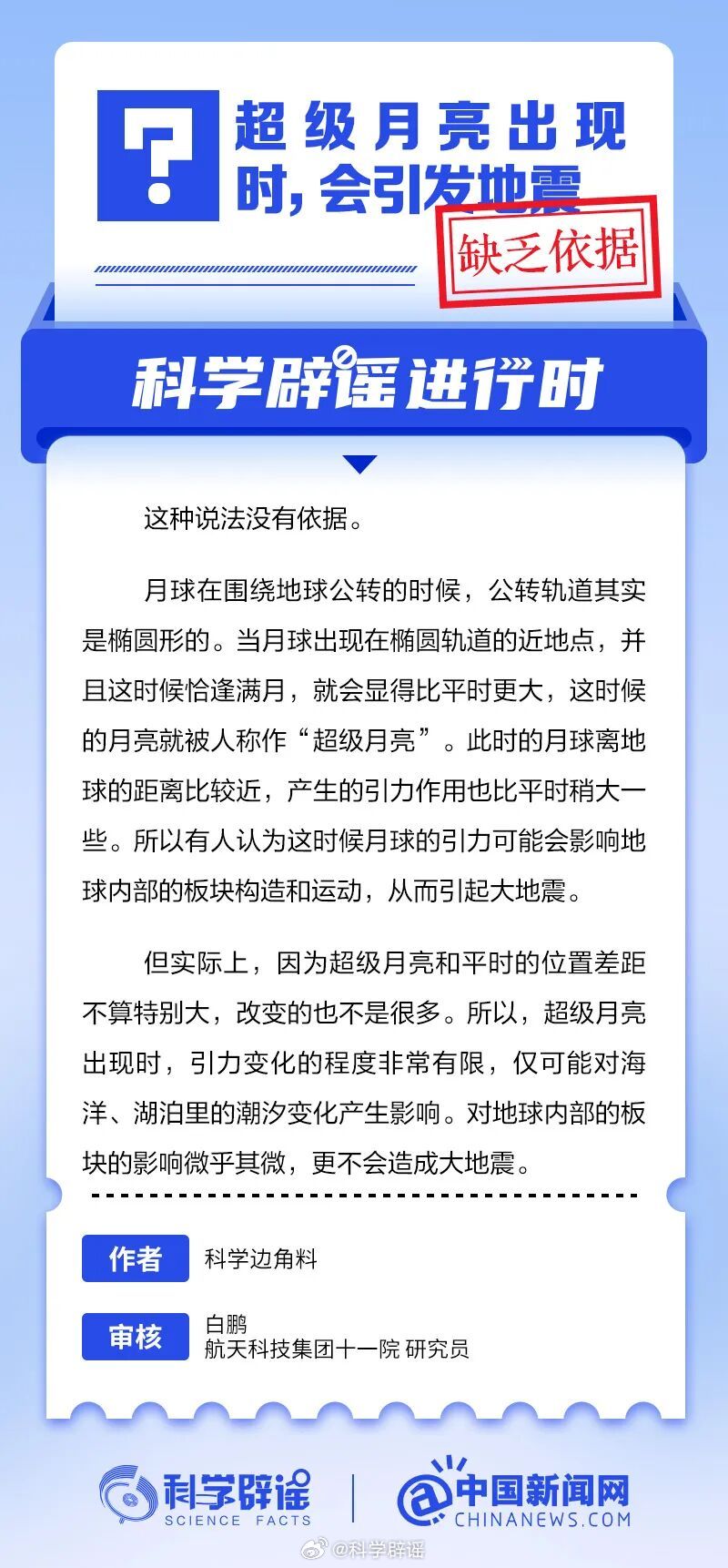 科学辟谣进行时 【超级月亮出现时，会引发地震？缺乏依据】实际上，因为超级月亮和平