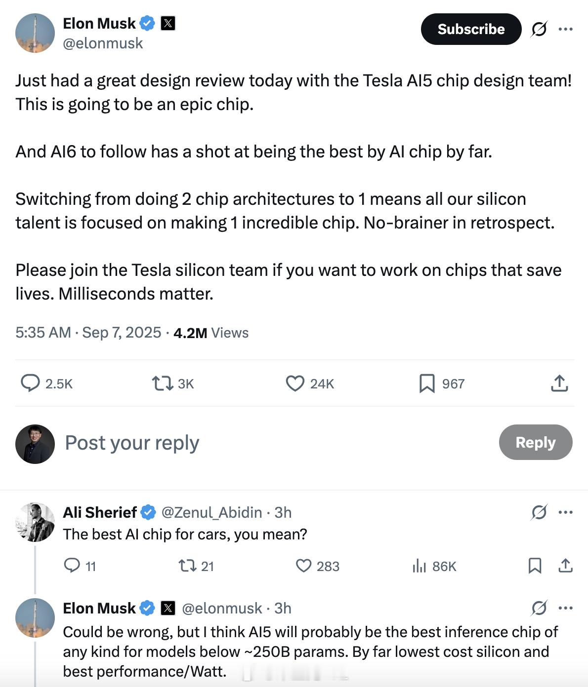 Elon 最近在推特上披露了有关Tesla AI 芯片的信息，Elon 认为 特