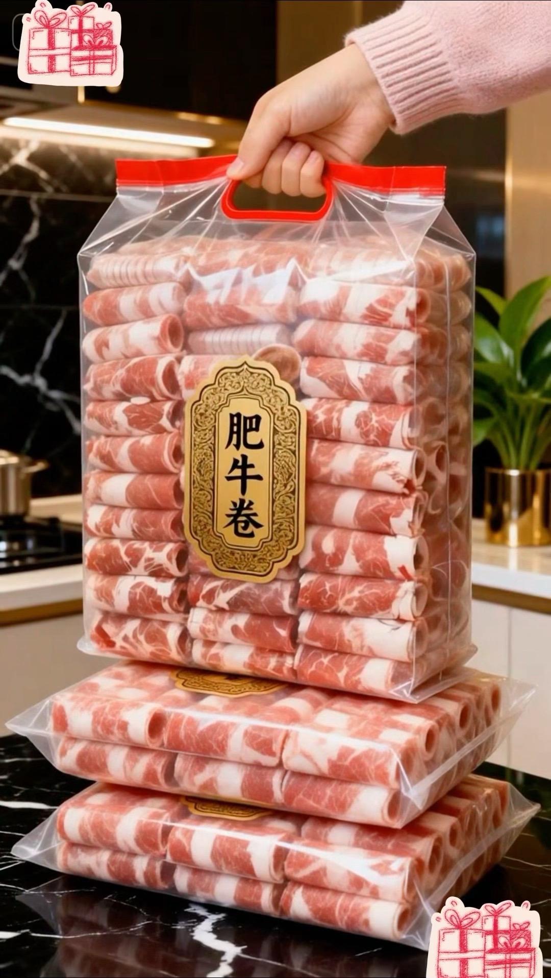 原切肥牛卷，雪花纹理清晰，肥瘦相间奶香浓郁，8秒涮熟鲜嫩多汁，火锅烤肉...