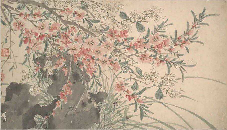 陈淳《花卉图册》 纸本设色 32.5*57.3com 美国波士顿博物馆藏。陈淳，