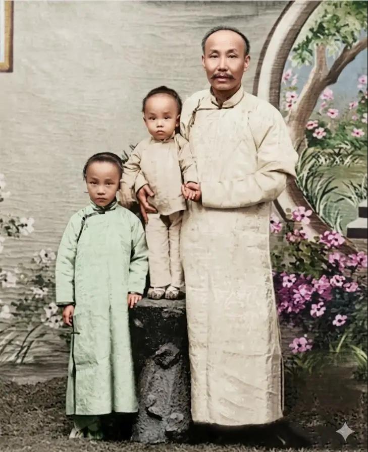 1908年，8岁的冰心与父亲谢葆璋以及弟弟谢为涵在烟台的合影照片，父亲谢葆璋是水