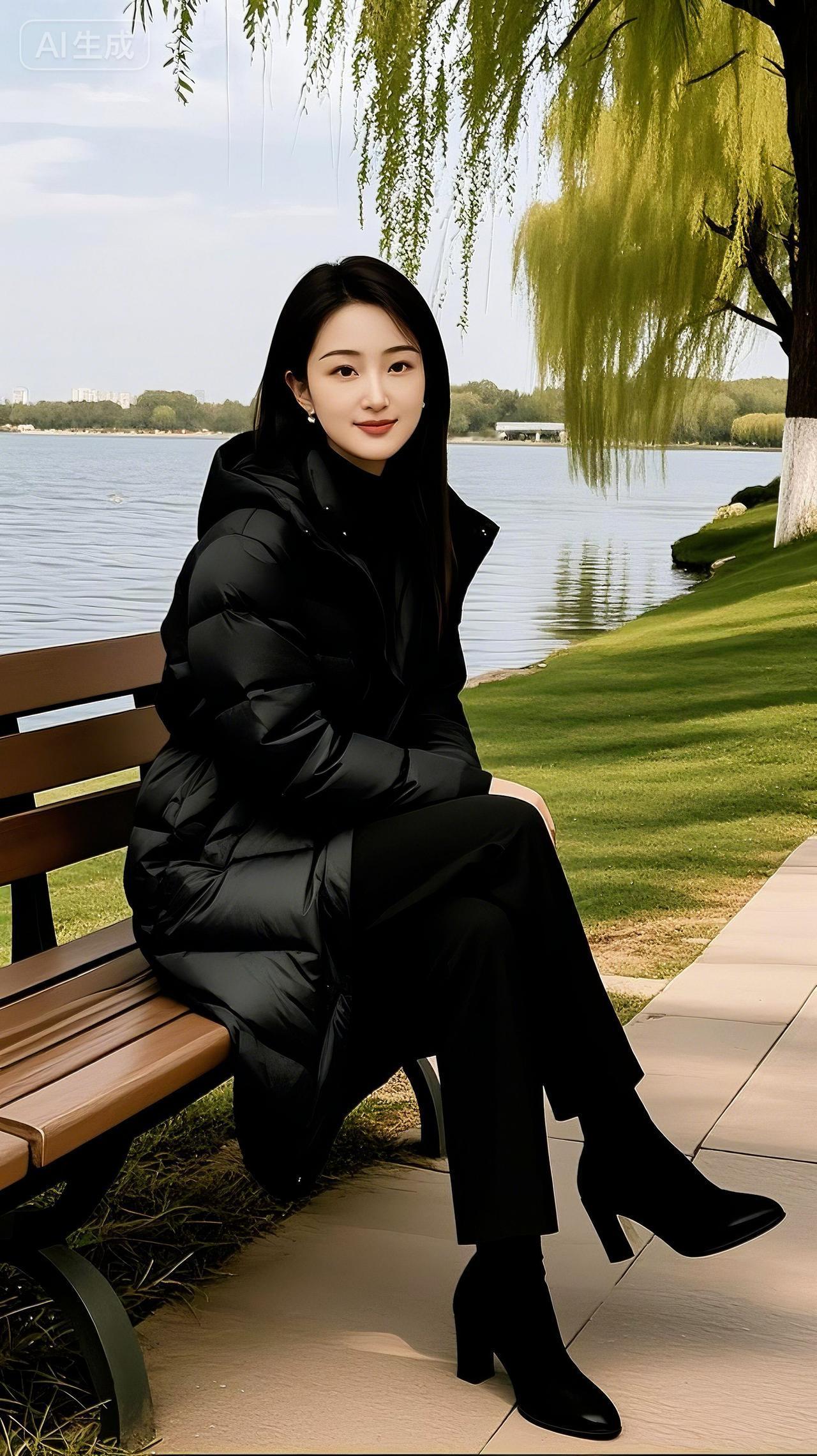 湖畔黑直发写真 黑衣美女 优雅气质