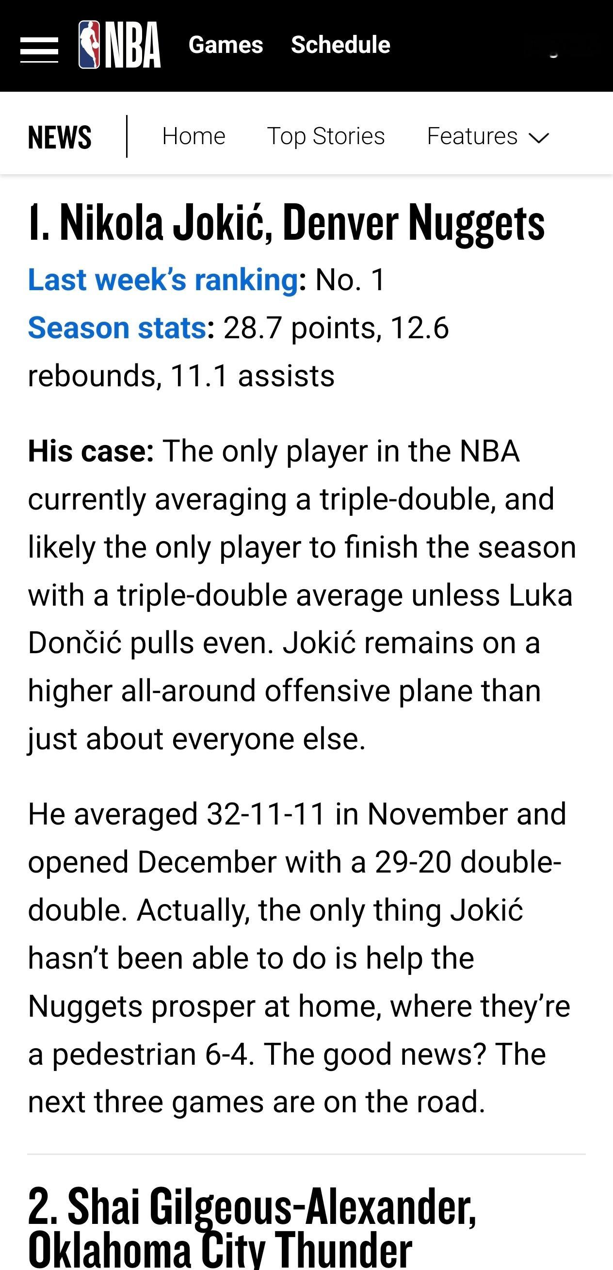 NBA最新一期官方MVP榜公布：约基奇依旧第一，2-5位分别是亚历山大、东契奇、