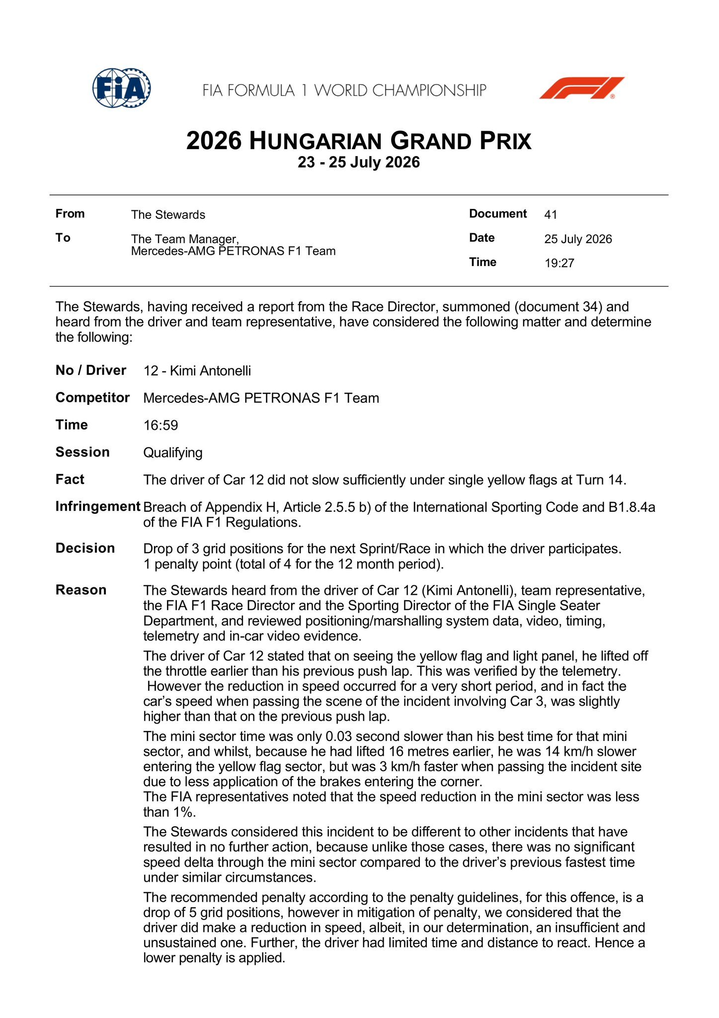 官方：安东内利由于黄旗下未足够减速，被罚退3位F12026F1匈牙利大奖赛