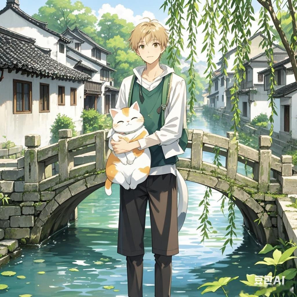 ai制图  早安夏目和猫咪老师烟雨江南行 