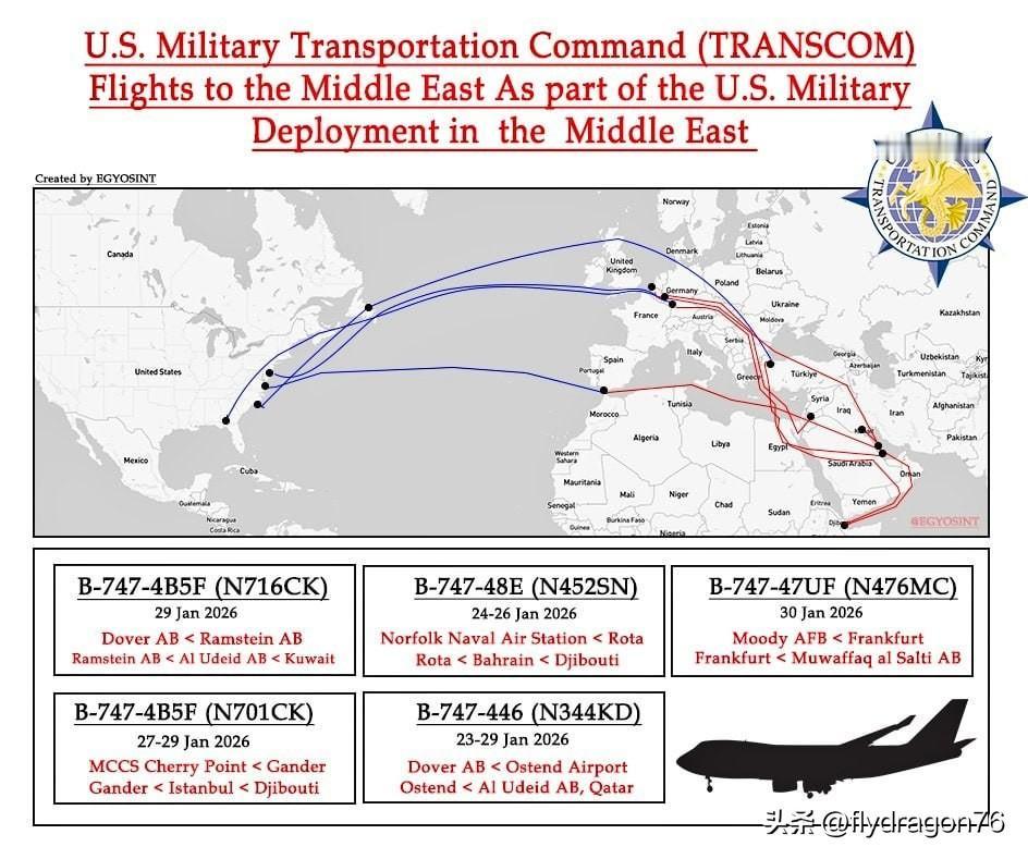 🇺🇸🇮🇷至少五架隶属于美国运输司令部（USTRANSCOM）的波音747