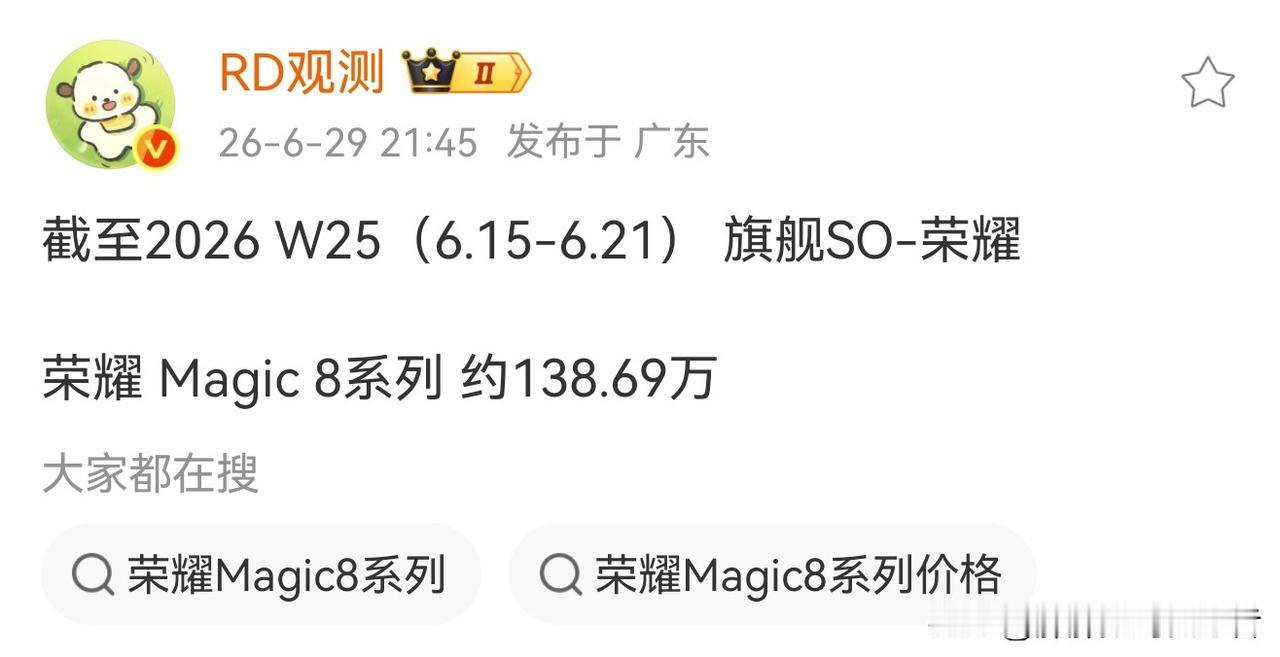 荣耀magic8系列要继续努力了！
销量越来越好，下一代要继续努力才行啊，你老大