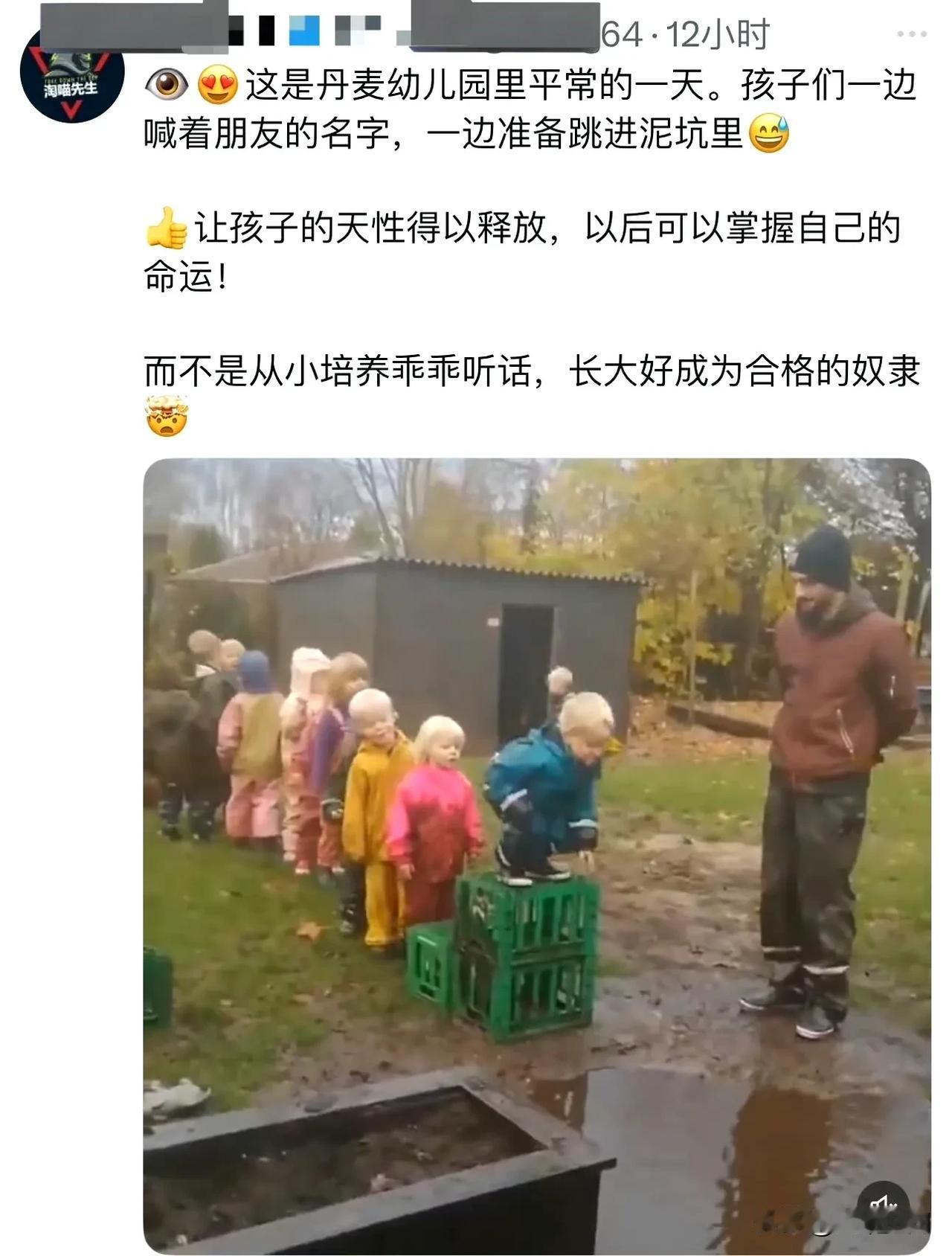 公知吹丹麦幼儿园排队跳泥坑是释放孩子的天性，以后可以掌握自己的命运，而不是从小培